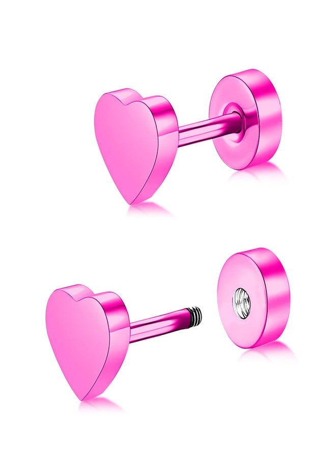 BLISI Titanium Heart Earrings 20G Hypoallergenic Pink Heart Studs for Sensitive Ears Screw on Flat Back Nap Earrings, Cute Classic Jewelry Present for Women & Men - Image 1